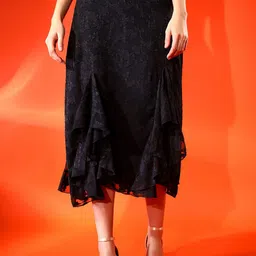 Justin Whyte Self Design Lace Flared Midi Skirt-image-26