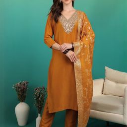 NEW ETHNIC 4 YOU Women Mustard Embroidered Regular Kurti with Trousers & With Dupatta-image-99