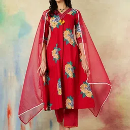 KIMAYRA Floral Printed V-Neck A-Line Kurta With Trousers And Dupatta-21