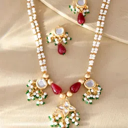DASTOOR Brass Plated Stone Studded & Beaded Necklace & Earrings-18
