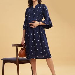 LOVELY MOM'S Women Mandarin Collar Bell Sleeve Maternity Fit & Flare Dress-image-22