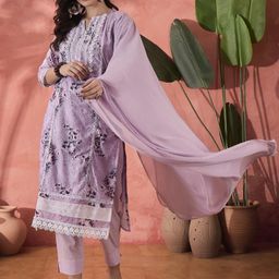 Sangria Mauve Floral Printed Schiffli Embroidered Cotton Kurta With Trouser And Dupatta-image-46