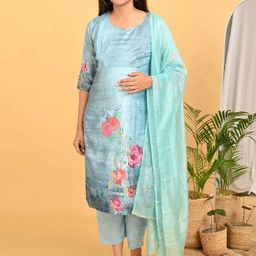 GOLDSTROMS Women Floral Printed Maternity Kurta with Trousers & Dupatta-image-84