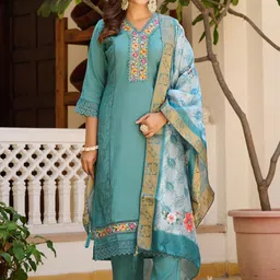 Berrylicious Embroidered V-Neck Thread Work Chanderi Cotton Kurta With Trousers & Dupatta-picture-23