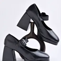Shoetopia Girls Square Toe Block Heel Pumps with Buckles-18