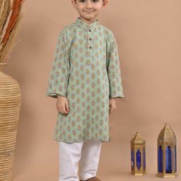Sangria Green Boys Floral Printed Mandarin Collar Pure Cotton Kurta With Pyjamas-12