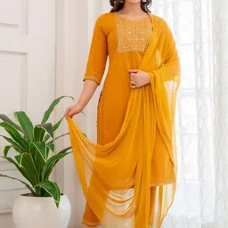 Meeranshi Floral Yoke Design Thread Work Pure Cotton Straight Kurta With Trouser & Dupatta image 4