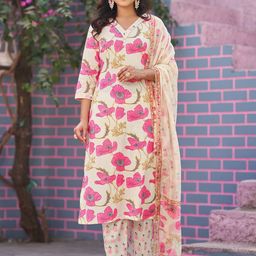 VIBE VISION Floral Printed V-Neck Pure Cotton Straight Kurta with Trousers & Dupatta-picture-54