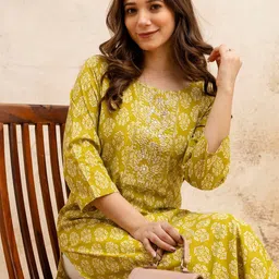 SURHI Floral Printed Thread Work Round Neck Straight Pure Cotton Kurta-picture-16