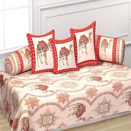 Texstylers 6-Pcs Red & Beige Printed Pure CottonDiwanSet-30