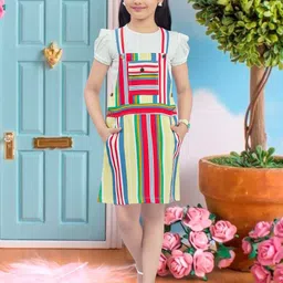 Lei-Chie Girls Striped Pinafore Knee Length Dress White Inner T-shirt-image-3