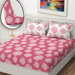 YaAkholic Pink & Off White 210 TC Queen Bedsheet with 2 Pillow Covers-image-40