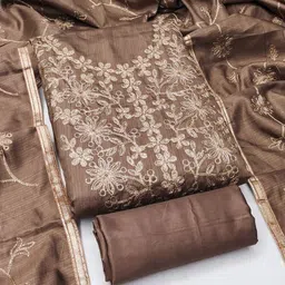Panzora Floral Embroidered Thread Work Silk Unstitched Dress Material-image-61
