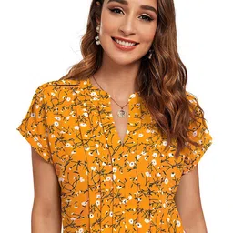 SANJANA SILK Floral Print Mandarin Collar Extended Sleeves Cotton Top-image-63
