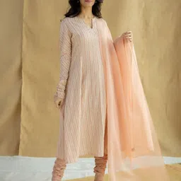 THE INDIAN ETHNIC CO Peach Solid Cotton Kota Doria Dupatta with Tassels-40