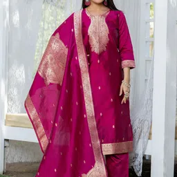 BAESD Floral Jacquard Woven Design Straight Kurta With Trousers & Dupatta-picture-18