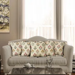 eyda Cream & Red 5 Pieces Floral Printed Cushion Covers-48