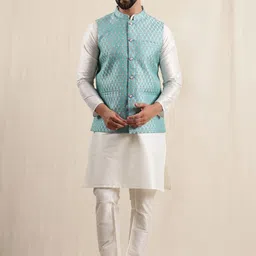 Anouk Men Kurta with Pyjamas with Woven Design Blue Nehru Jacket-image-73