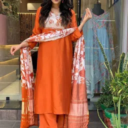 VARNI FABRICS Floral Embroidered Notch Neck Thread Work ALine Kurta With Trouser & Dupatta-picture-16