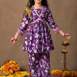 BAESD Girls Purple Muslin Floral Printed Flared Kurta With Palazzo Set-image-9