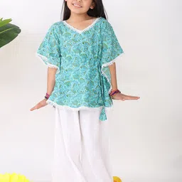 Sangria Girls Floral Printed Pure Cotton Kaftan Top With Trousers Clothing Set-image-55