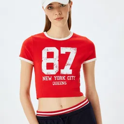 Koton Women Typography Printed Round Neck Cotton Slim Fit T-shirt-image-96
