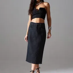 Miss Chase Stretchable Denim Midi Straight Skirt-image-84