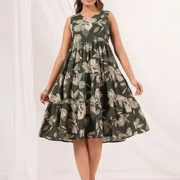 Janasya Women Cotton Olive Green Floral Printed Tiered Dress-image-58