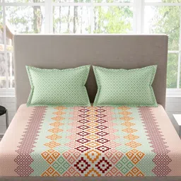 Portico Sparkle Peach-Coloured Geometric Cotton 144TC Double Queen Bedsheet Set-2.2mx2.54m-image-25