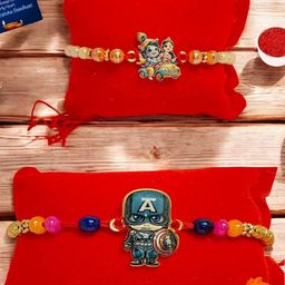 Captain America n Radha Krishna Metal Rakhi Greeting card n Roli-image-16