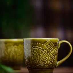 AMALAFIEE CERAMICS Olive Green 2 Pieces Textured Ceramic Glossy Cups 300 ml-19