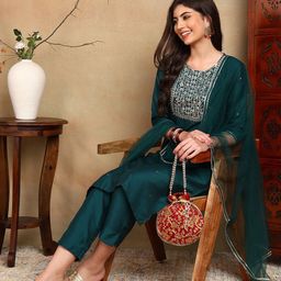 AHIKA Ethnic Motifs Yoke Design Regular Sequinned Kurta with Trousers & Dupatta image 5
