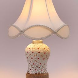 Devansh Off White & Red Printed Wooden Frustum Shaped Table Lamp With Mosaic Glass Base image 4