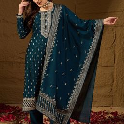 House of Pataudi Floral Embroidered Neck Straight Kurta & Trousers With Dupatta-27