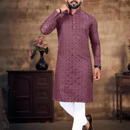 Shantam Creation Men Embellished Straight Kurta (Maroon)-image-88