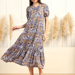 BAESD Women Floral Printed Puff Sleeves A-Line Midi Dress-image-84