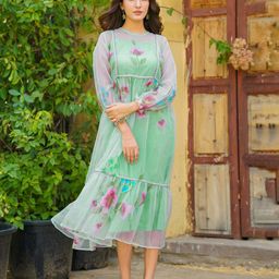 Ambraee Women Mint Grace Handpainted Organza Dress-image-17
