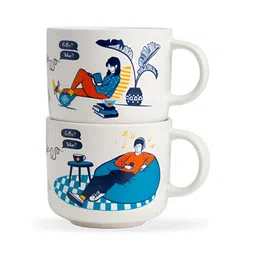 SHAY Off White & Blue Printed Ceramic Glossy Mugs Set of Cups and Mugs-39