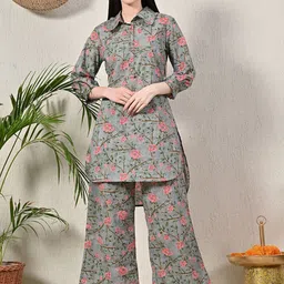FERANOID Floral Printed Pure Cotton Shirt Collar Tunic With Palazzos-image-43