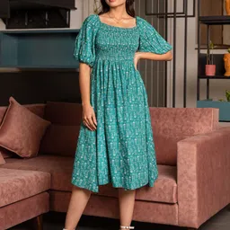 DEKLOOK Women Abstract Printed Square Neck Puff Sleeves Midi Fit & Flare Dress-picture-3