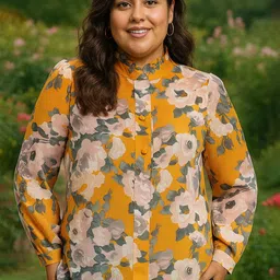 La Zoire Women Plus Size Floral Print Mandarin Collar Cuffed Sleeves Top-37