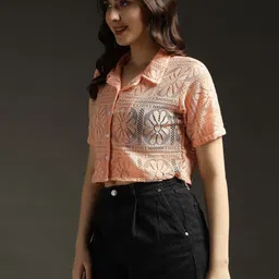 emeros Women Floral Embroidered Net Shirt Style Crop Top-picture-48