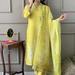 Happy Design Women Floral Embroidered Regular Straight Pure Cotton Knee Length Kurta Set-image-84