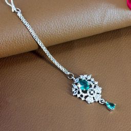 PRIVIU Silver-Plated American Diamond Studded Maang Tikka Head Jewellery-image-48