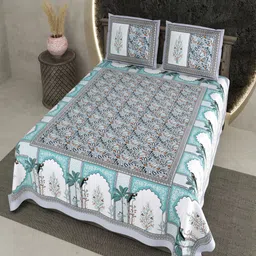 Qfab Blue Floral 250 TC King Bedsheet with 2 Pillow Covers-picture-34