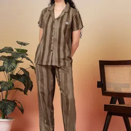 KLOTTHE Women Striped Pure Cotton Shirt And Pyjamas Night suit-picture-36