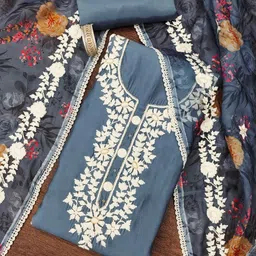 HERE&NOW Floral Embroidered Beads And Stones Roman Silk Unstitched Dress Material-image-69