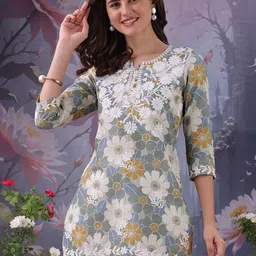 Vama Heritage Floral Printed Notch Neck Chikankari Pure Cotton Straight Kurti-picture-21