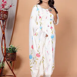 LP LABEL PEHNAVA Women Floral Regular Thread Work Pure Cotton Kurti with Trousers & With Dupatta-image-19