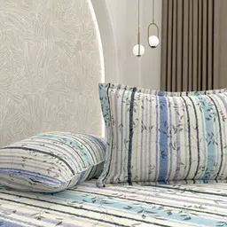 Pure Decor Blue & Off White Floral 350 TC King Bedsheet with 2 Pillow Covers-image-33